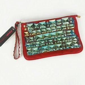 NWT Studded Vegan Leather Red Gold Clutch